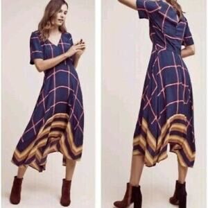 HD in Paris Anthropologie Dress Size 2 Boho Midi Asymmetrical Hem Navy